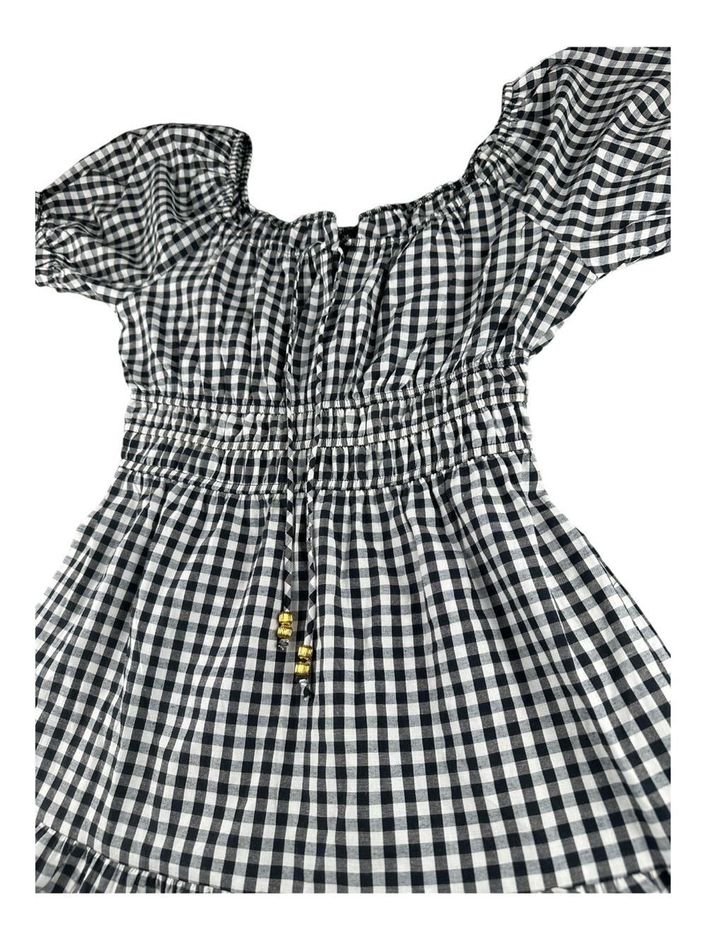 Black & White Gingham Peasant Dress Sz M Picnic Aesthetic Smocked Waist - Picture 5 of 9